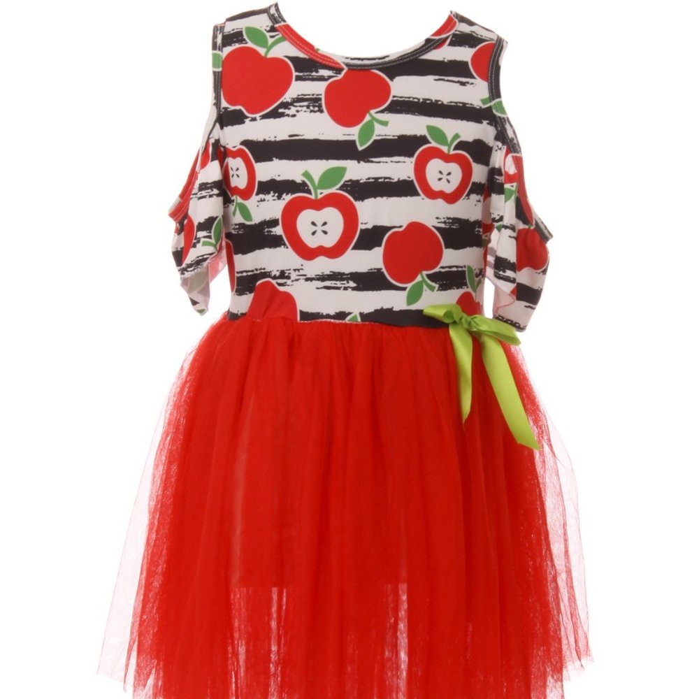 Little Girl Toddler Kids Cold Shoulder Apple Stripes Tutu Tulle Girl Dress Fruit
